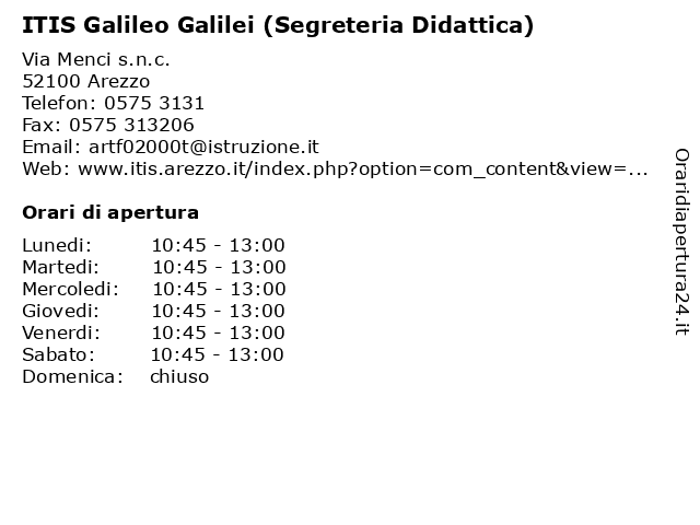 Orari di apertura ITIS Galileo Galilei Segreteria Didattica